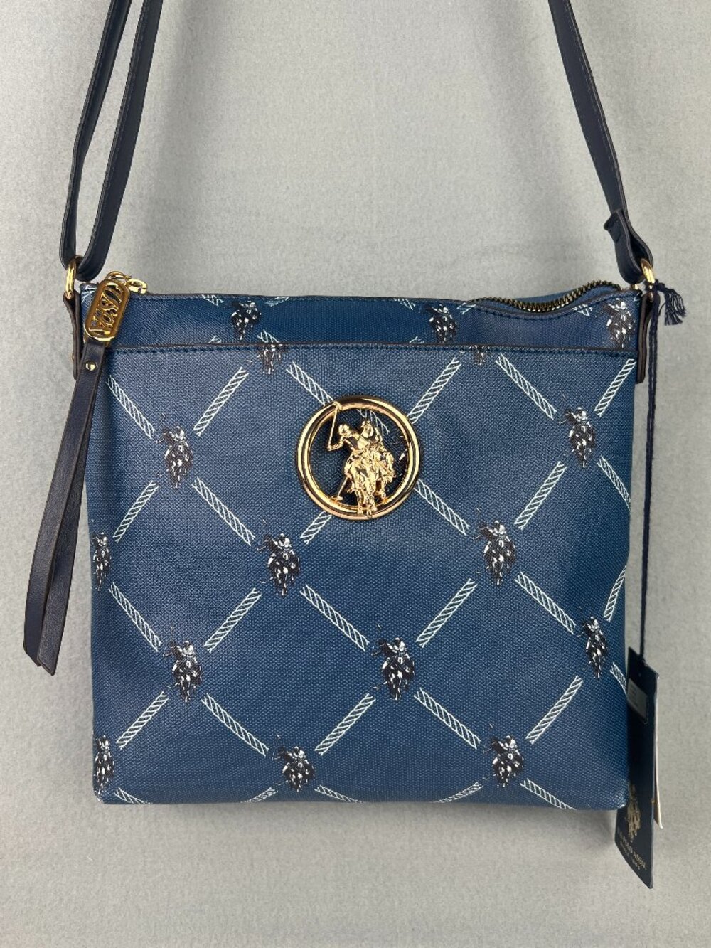 NWT U.S. Polo Assn. Navy & Gold Medallion Logo Crossbody Bag Purse Faux Leather